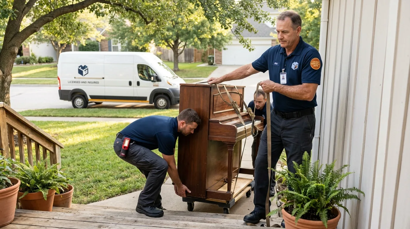 Licensed piano movers securing grand piano in Worthington, KY