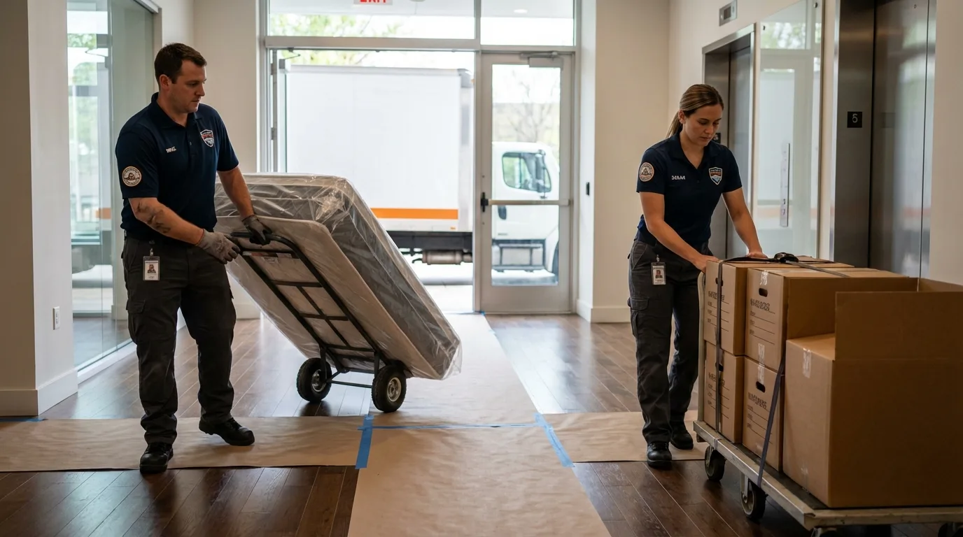 Professional apartment movers loading elevator in Worthington, KY